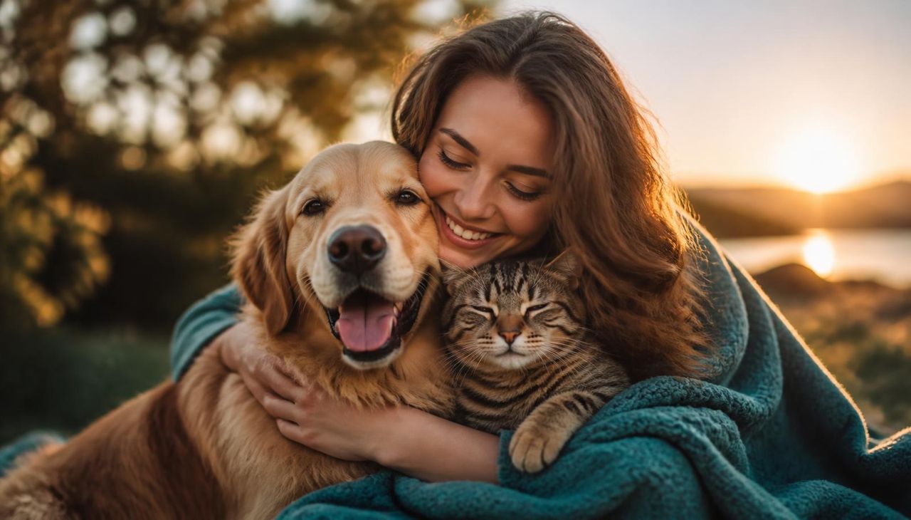 Familia abrazando a su perro y su gato felices