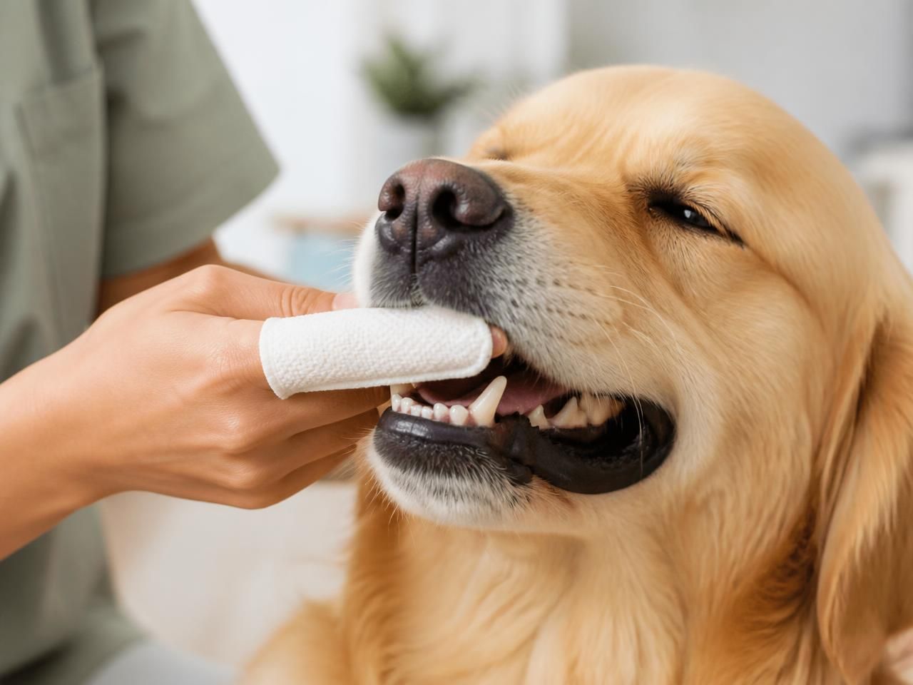 Dueño limpiando los dientes de su perro con una toallita dental de dedo